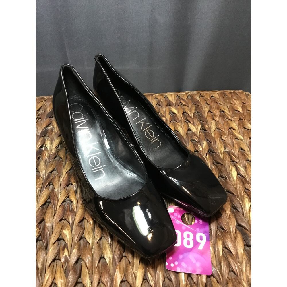 Calvin Klein Dress Pump Heels Women's 7.5 M Black Leather Slip-On Square Toe